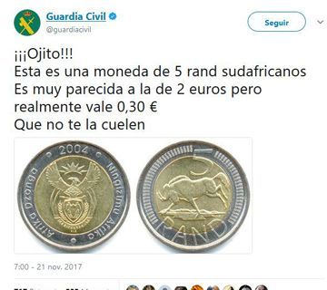 La Guardia Civil alerta de un timo con monedas de 2 euros