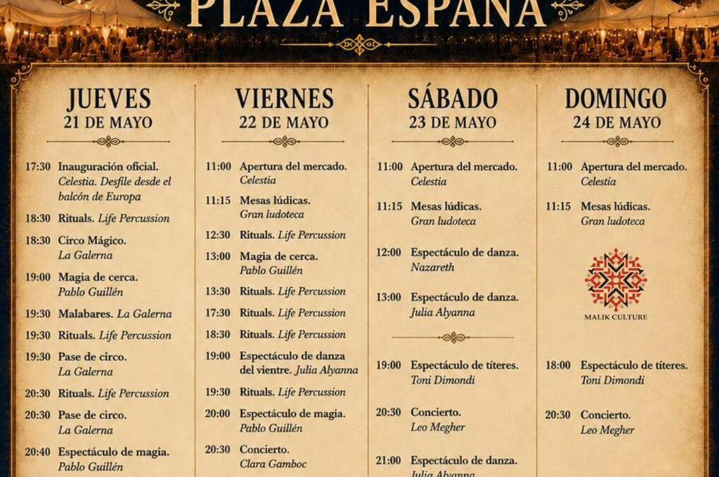 Consulta las actividades y horarios del mercado temático Celestia en la Plaza de España de Nerja